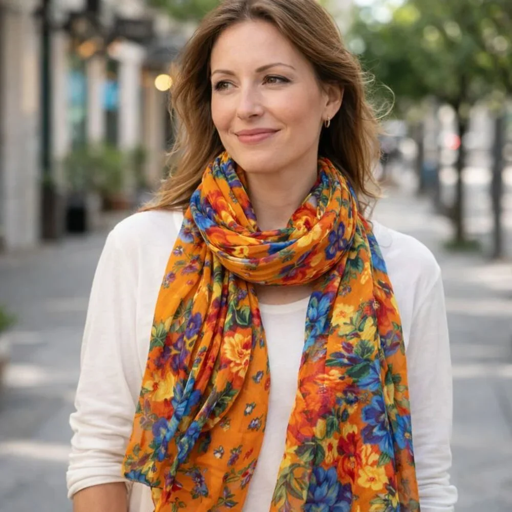 🌸 Vibrant Floral Sheer Scarf / Shawl – Bold, Romantic, Cottagecore Dream 🌸